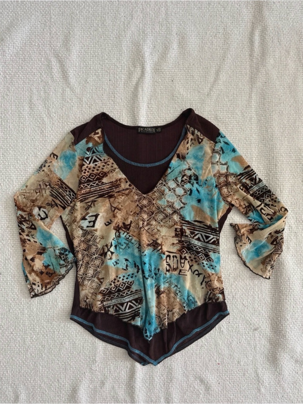 Picadilly Fashion Blue and Brown Mixed-Print V-Neck Blouse